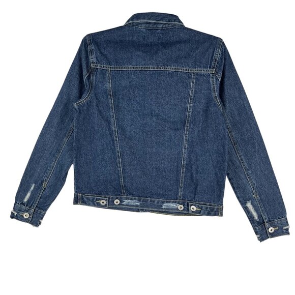 New Look Women's Distressed Blue Denim Jacket Size M Button-Down Cotton NWT - Picture 2 of 10
